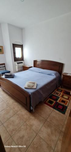 a bedroom with a large bed with blue sheets and a rug at LoriCalabria-Appartamento Lorica in Lorica