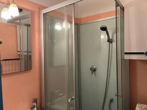 une douche avec une porte vitrée dans une salle de bain dans l'établissement Studio avec Parking et Proche Plage, Animaux Acceptés - FR-1-749-26, au Cap d'Agde