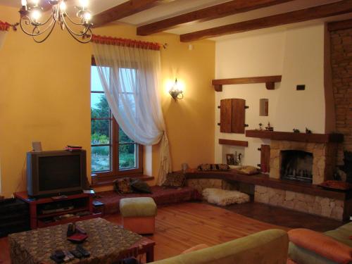 a living room with a television and a fireplace at Pensjonacik Ogrody in Pierzchno