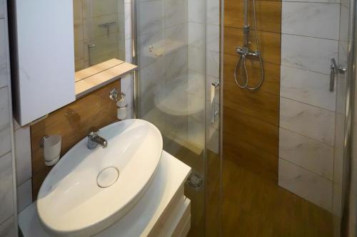 a bathroom with a white sink and a shower at City center in Zaječar