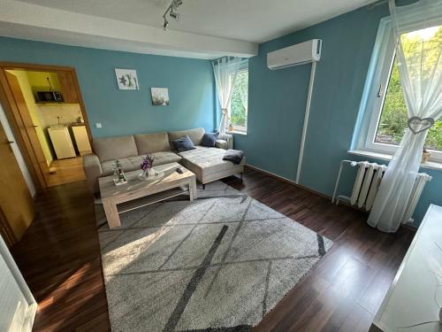 uma sala de estar com um sofá e uma mesa em Ferienwohnung, Apartment, Monteurwohnung mit Klimaanlage Wettin - Löbejün 