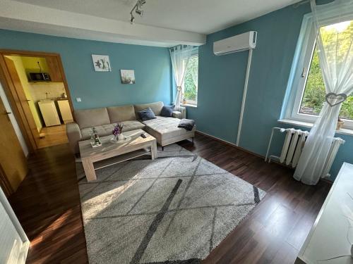 a living room with a couch and a table at Ferienwohnung, Apartment, Monteurwohnung mit Klimaanlage Wettin-Löbejün in Gottgau
