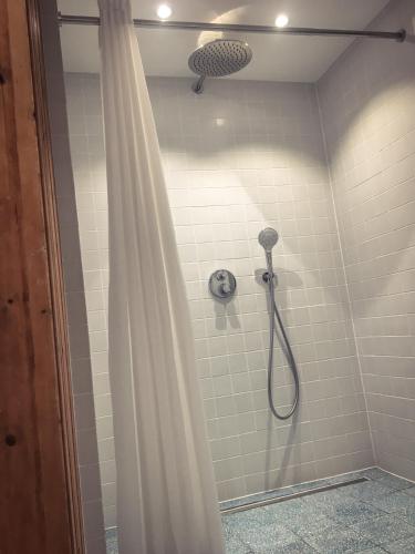 a shower with a shower curtain in a bathroom at WINETIME in Oberhausen