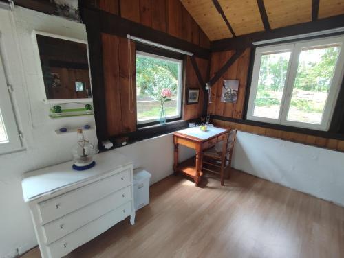 a room with a dresser and a table and windows at La baraque des artistes in Laharie