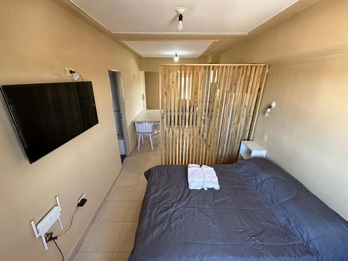 1 dormitorio con 1 cama y TV de pantalla plana en departamento minimalista en barrio sur en San Miguel de Tucumán