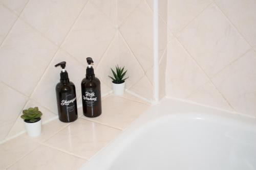 twee flessen alcohol op een aanrecht in een badkamer bij Apartamento Deluxe Candeleda in Candeleda