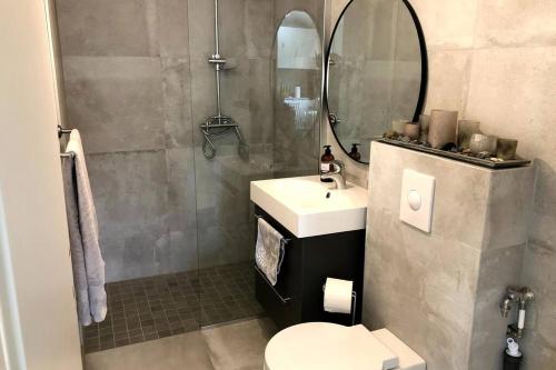 La salle de bains est pourvue de toilettes, d'un lavabo et d'un miroir. dans l'établissement Adorable one bedroom apartment with free parking., à Reykjavik