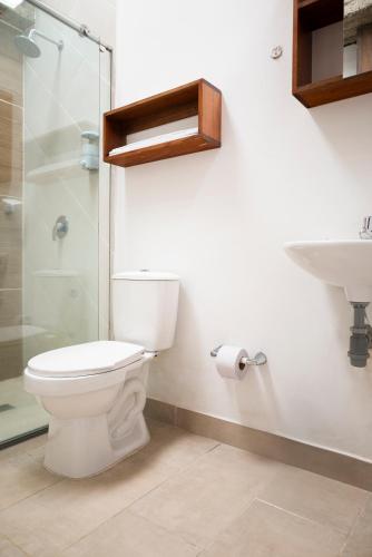 a bathroom with a toilet and a shower and a sink at M1145 Aparta Loft in Pereira