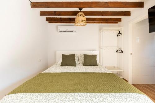 a bedroom with a large bed with a green blanket at Casa Azul in Granadilla de Abona