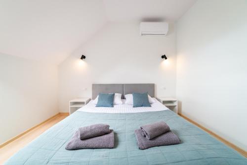 米科瓦伊基的住宿－Apartamenty Literówka，一间卧室配有一张大床和两个枕头