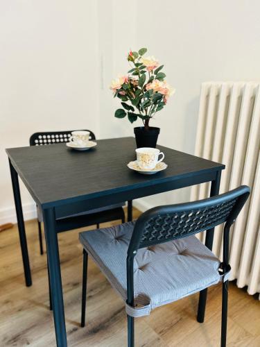 une table et une chaise noires avec une plante en pot dans l'établissement Studio cosy proche de Paris, à Choisy-le-Roi