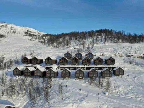 an aerial view of a lodge in the snow at Rindabotn Fjelltun in Sogndal