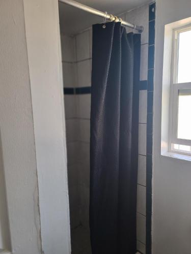 a shower with a blue shower curtain in a bathroom at Nights Inn Motel in Oakland