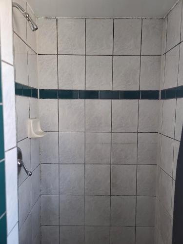a bathroom with a shower with a white tiled wall at Nights Inn Motel in Oakland