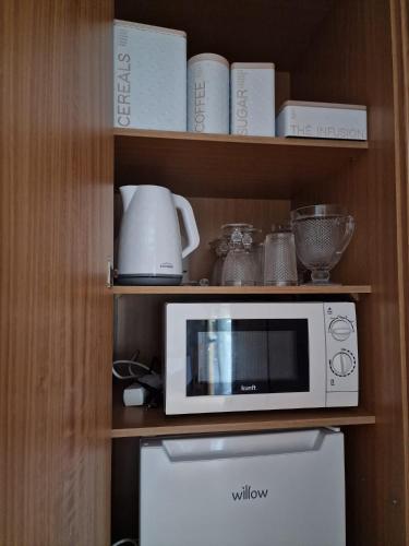 a microwave sitting on a shelf next to a refrigerator at Recanto da Serra - Alojamento Local in Lousã