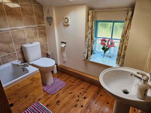 La salle de bains est pourvue de toilettes, d'une baignoire et d'un lavabo. dans l'établissement Rose Cottage - Cosy cottage in Millers Dale, à Buxton