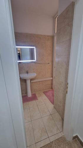 uma casa de banho com um lavatório e um chuveiro em Vivienne's Apartment em Saranda