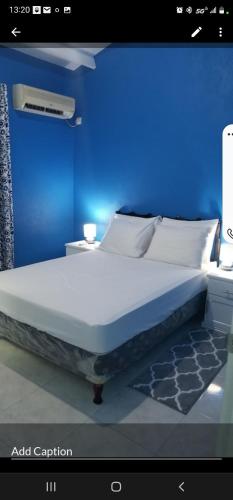 a bedroom with a large bed in a blue room at Brighton View in Bridgetown
