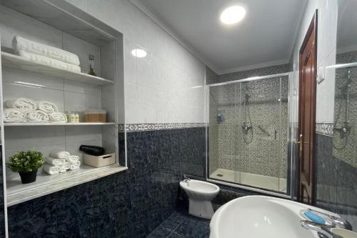 a bathroom with a toilet and a shower and a sink at SanMar in Finisterre