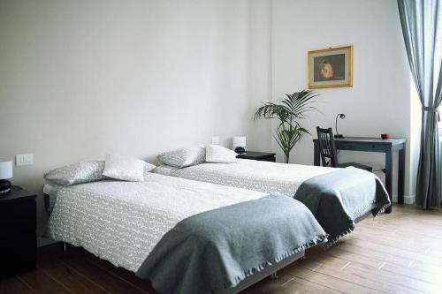 Un dormitorio con 2 camas y una mesa con una planta en Casa Desdy, en Tuscania