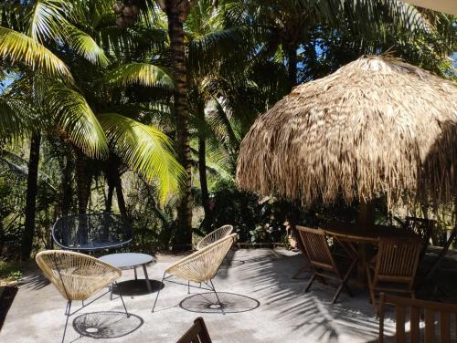 a patio with chairs and a table and a straw umbrella at Logement 4 à 6 personnes avec Jacuzzi in Les Trois-Îlets