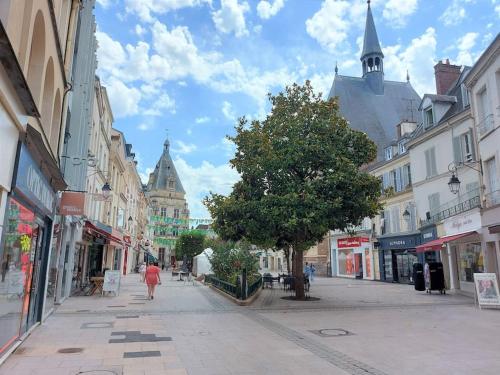 a person walking down a city street with buildings at Le CHIC ETHNIC DREUX in Dreux