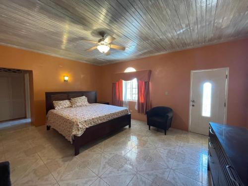 a bedroom with a bed and a ceiling fan at Round View Guest House in Port Antonio