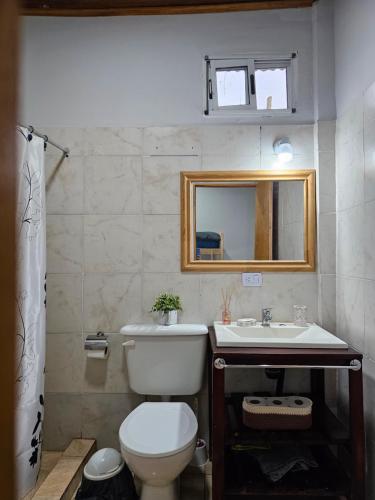 Un baño con inodoro, lavabo y espejo. en Samambaias, en Puerto Iguazú