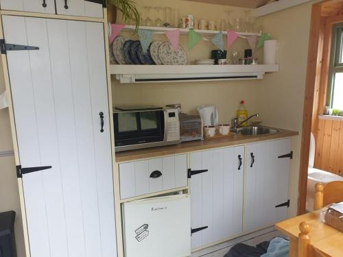 a kitchen with white cabinets and a microwave at Mountain View Shepherds Hut in Kilkeel