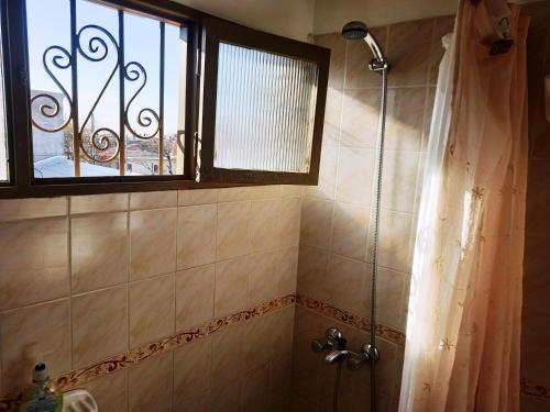 um chuveiro na casa de banho com uma janela em Departamento 1º P, 2 personas, WIFI, confortable, mucha luz natural em Godoy Cruz