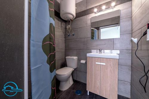 bagno con servizi igienici, lavandino e specchio di La Violeta Home a Puerto de la Cruz