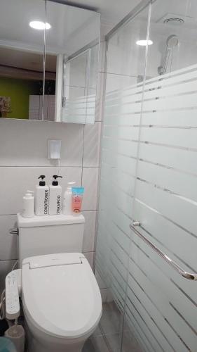 a white bathroom with a toilet and a shower at Lydia Craft Guesthouse in Seoul