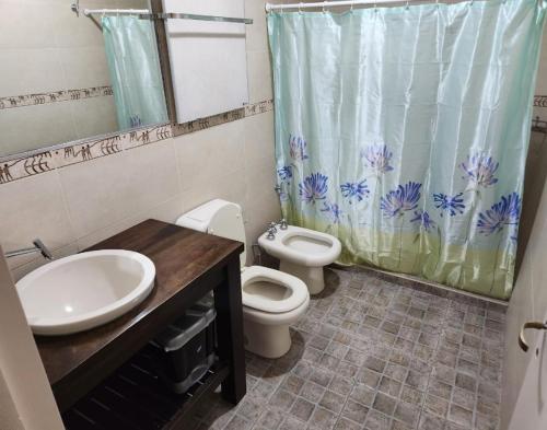 a bathroom with a sink and a toilet and a shower curtain at Casa nueva centrica in San Rafael