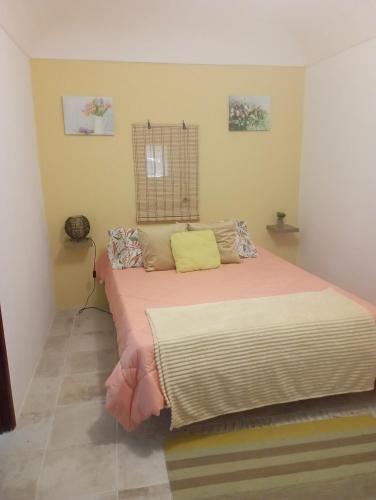 - une chambre avec un grand lit et des draps roses dans l'établissement O Refúgio do Pastor, à Sousel