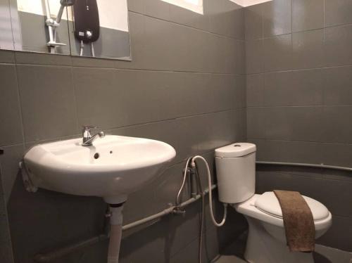 een badkamer met een wastafel, een toilet en een spiegel bij Vagary Pangkor in Pangkor