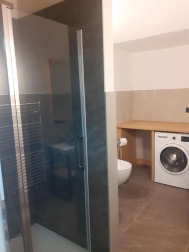 łazienka z toaletą i pralką w obiekcie Appartamento Vale e Schena Cortina D'Ampezzo w mieście San Vito di Cadore