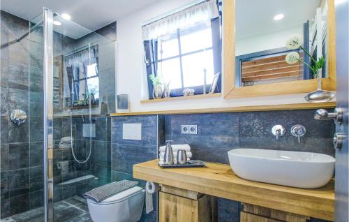 a bathroom with a sink and a shower and a toilet at Schoorenmoos Lodge in Dietmannsried