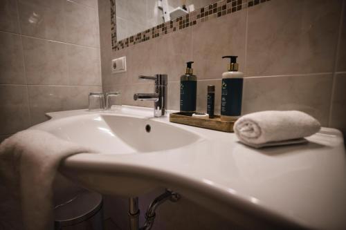 a bathroom sink with two bottles of soap and towels at Wargerhof - Urlaub auf dem Bauernhof in Meltina