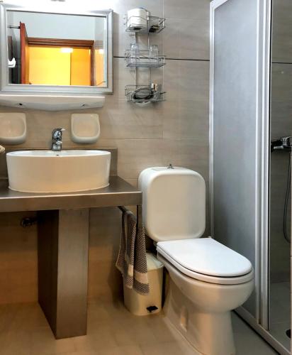 un bagno con WC, lavandino e specchio di Lappa Hotel a Plakiás