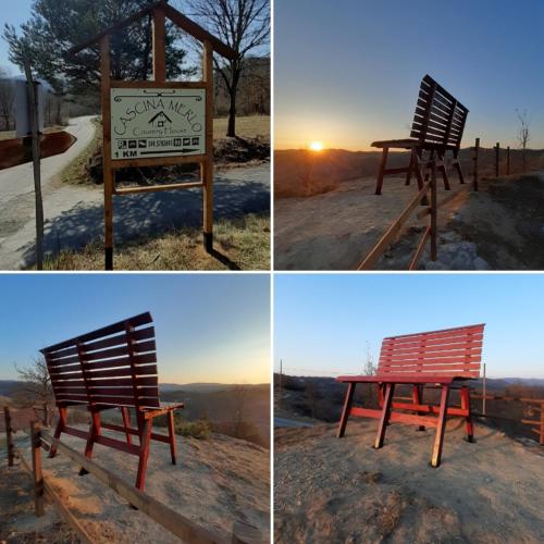 four different pictures of a bench and a sign at Cascina Merlo Country House in Pareto