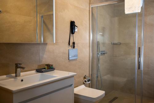 a bathroom with a shower and a sink and a toilet at Leo Suites in Bursa