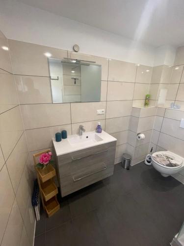 a bathroom with a sink and a toilet at Ferienwohnung Adrian in Sankt Andreasberg