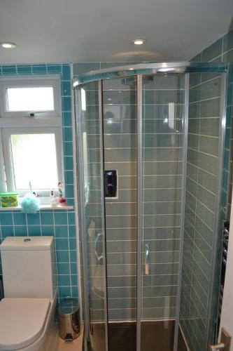 a bathroom with a glass shower with a toilet at Nice 3 Bedroom House Wimbledon in London