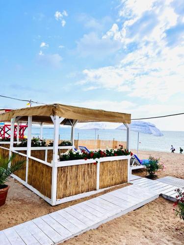 a gazebo on the beach with flowers at KIR House On The Beach in Eforie Nord