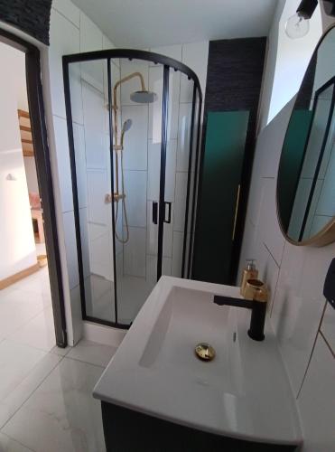 a bathroom with a sink and a shower at Dom / Apartament Mazury przy jeziorze in Mrągowo