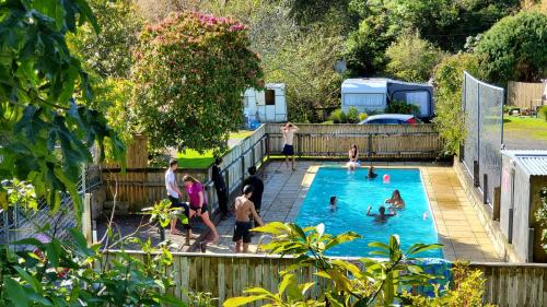 un grupo de personas en una piscina en Dickson Holiday Park en Thames