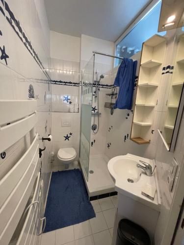 a bathroom with a shower and a toilet and a sink at Le Bleu in Trouville-sur-Mer