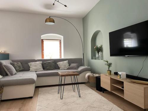 a living room with a couch and a tv at Morris Vacka in Veszprém