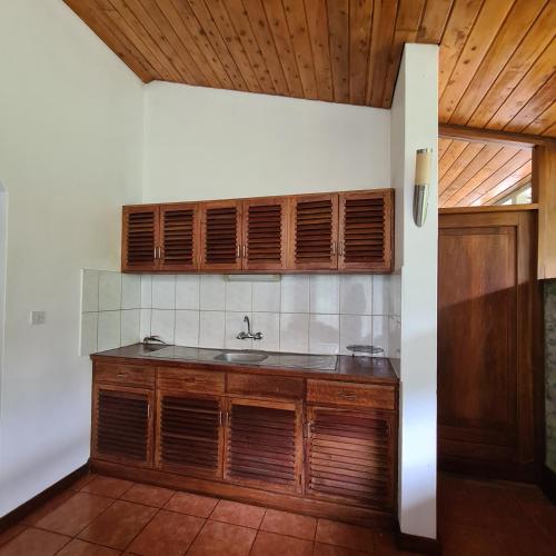 una cocina con fregadero y armarios de madera en Olosiva Oasis, en Arusha