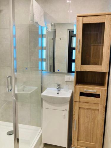 a bathroom with a sink and a shower and a sink at Apartamenty Every Sky Plac Ratuszowy 30 in Jelenia Góra